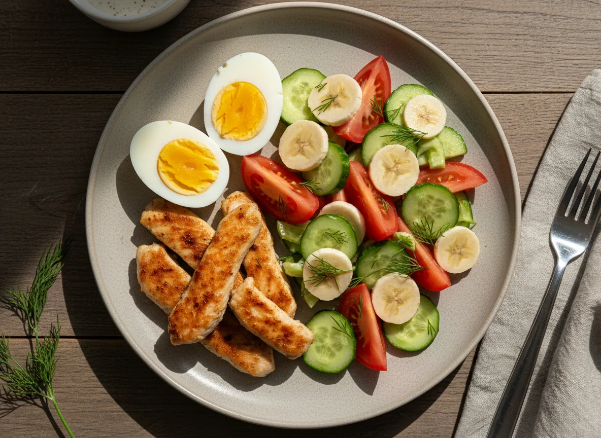 Курица с яйцами и овощным салатом photo