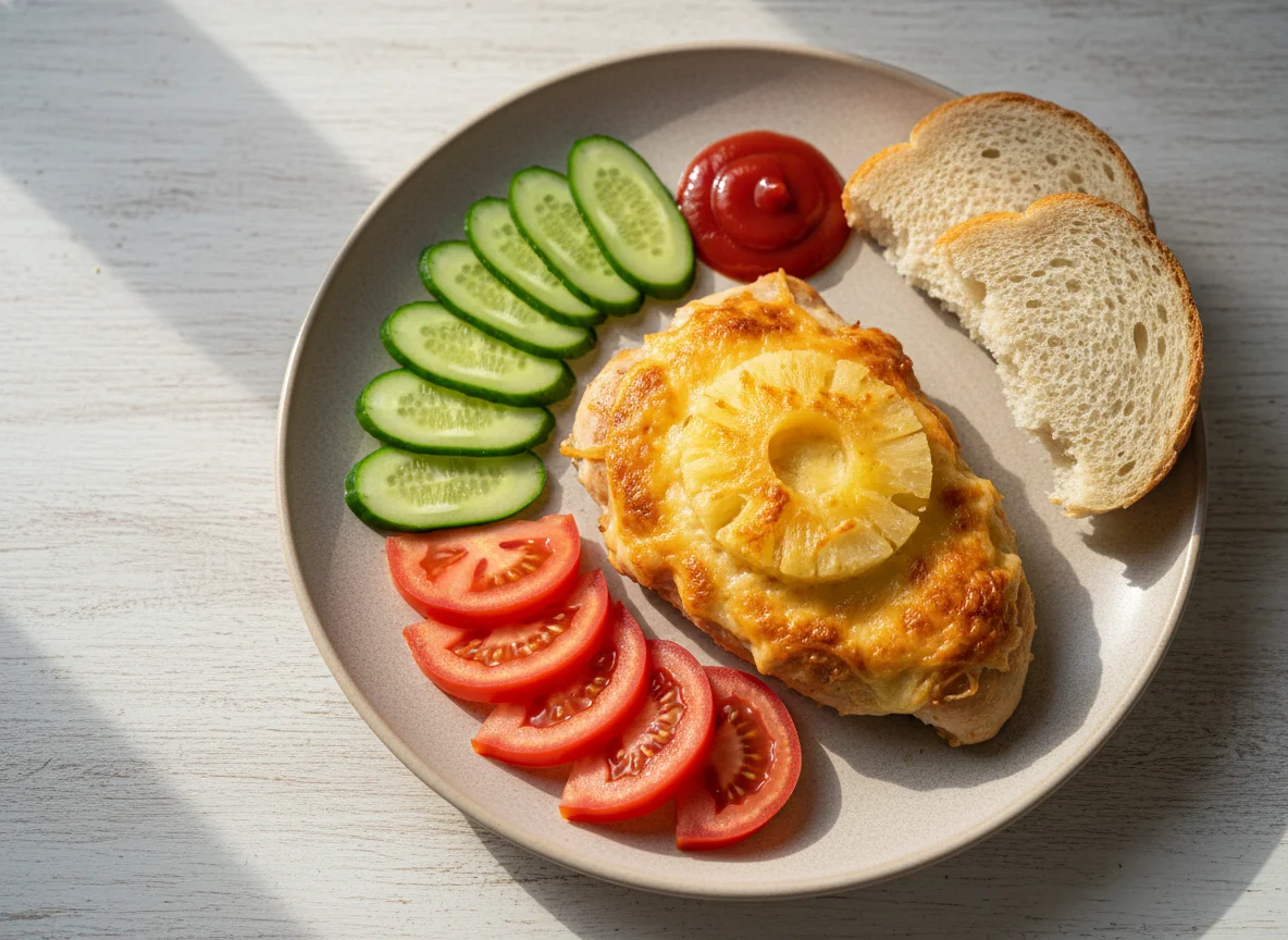Курица с ананасом и сыром, овощи и хлеб photo