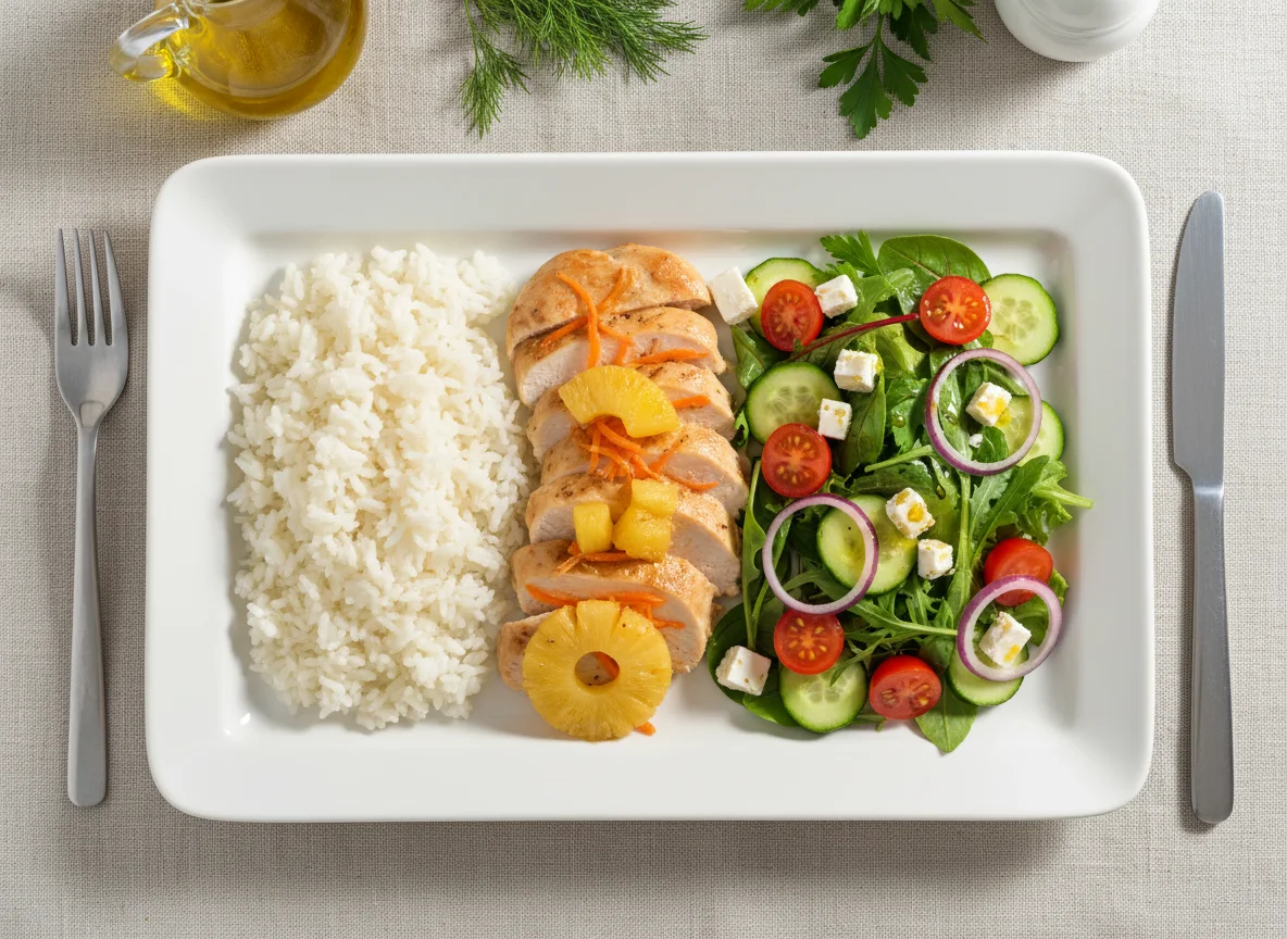 Курица с ананасом, рисом и овощным салатом photo