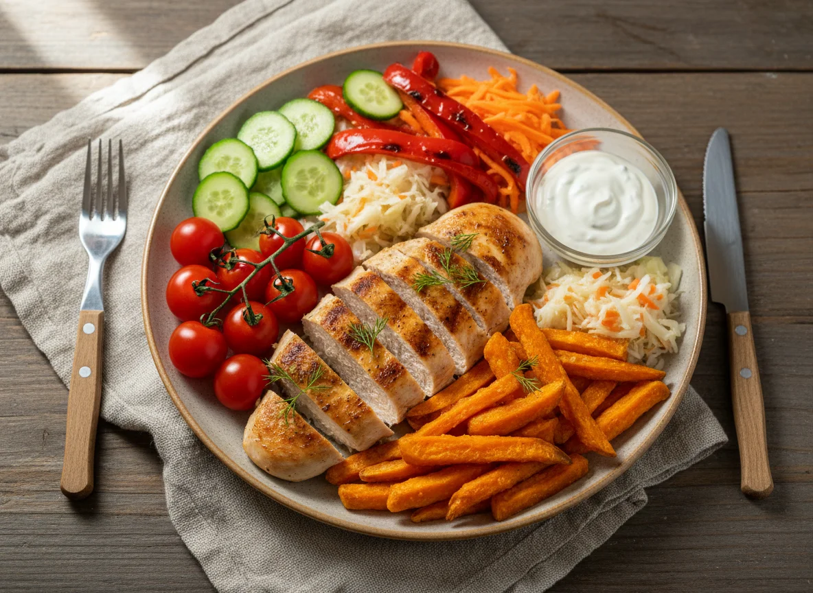 Курица с бататом фри и овощами photo