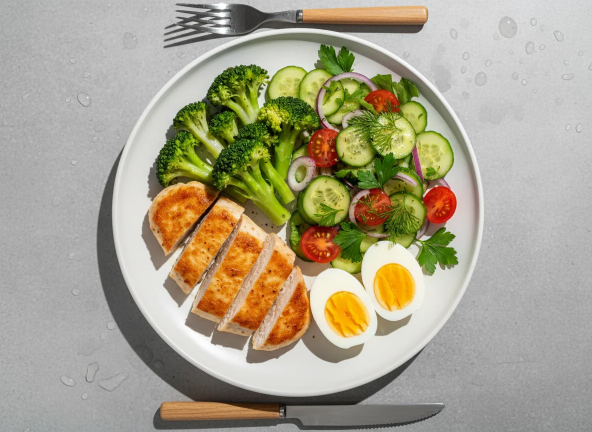 Курица с брокколи, яйцами и овощным салатом photo