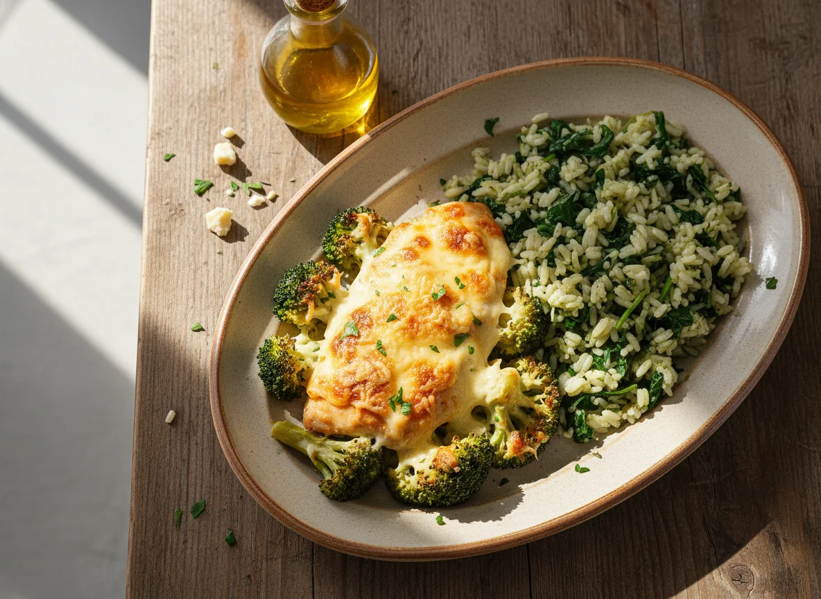 Курица с брокколи под сыром и рисом со шпинатом photo
