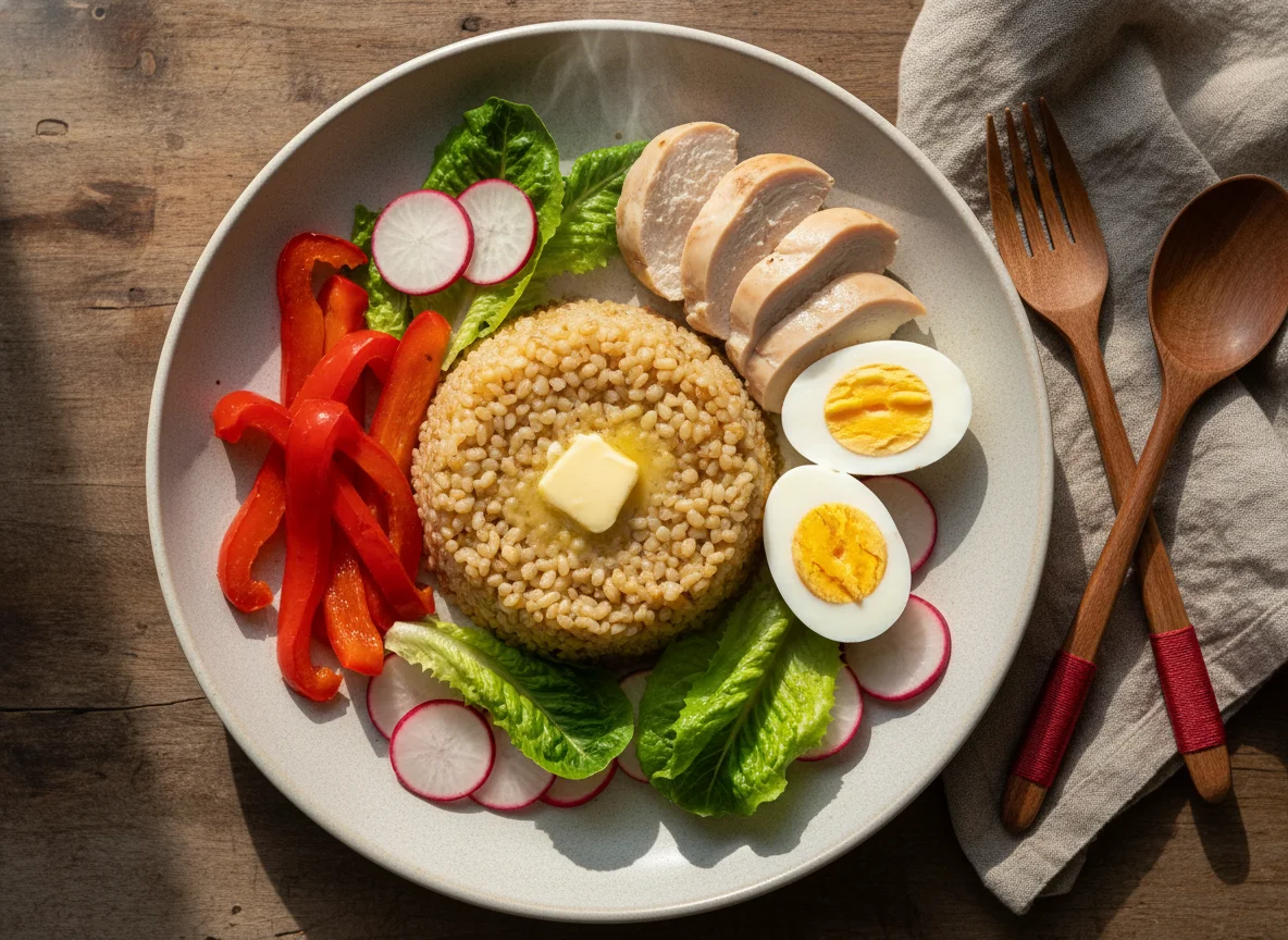 Курица с булгуром, яйцами и овощами photo