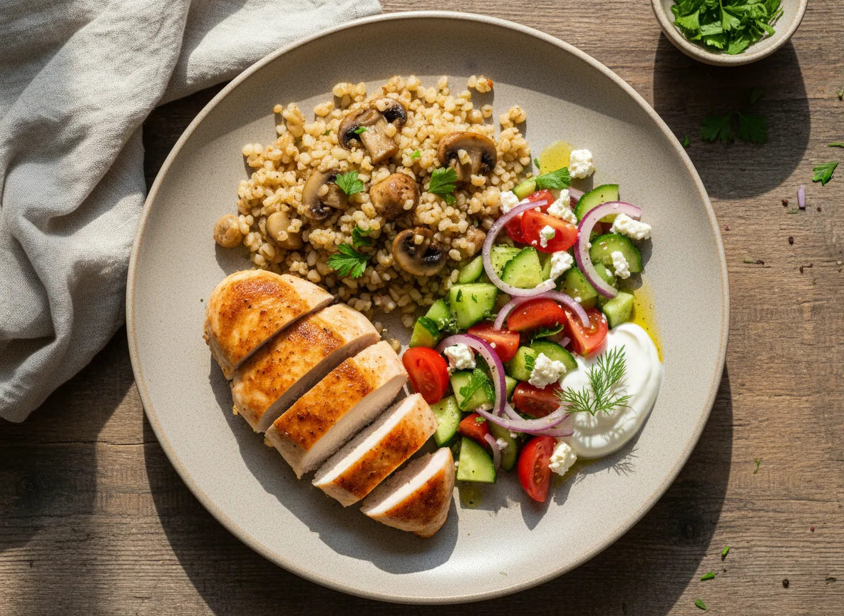 Курица с булгуром, грибами и овощным салатом photo