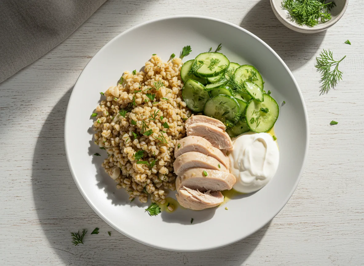 Курица с булгуром и огуречным салатом photo