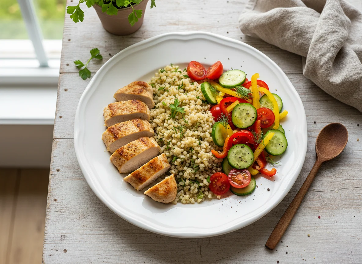 Курица с булгуром и овощным салатом photo