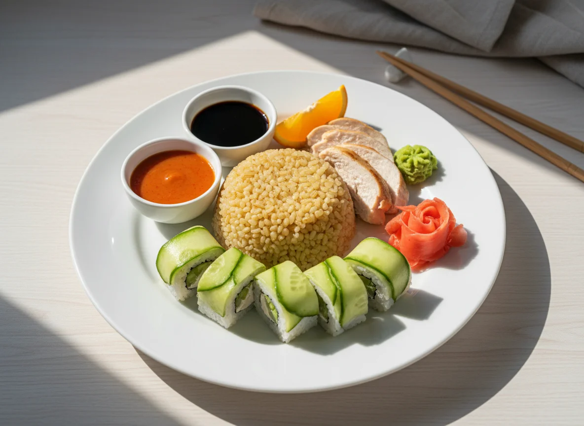 Курица с булгуром и роллами photo