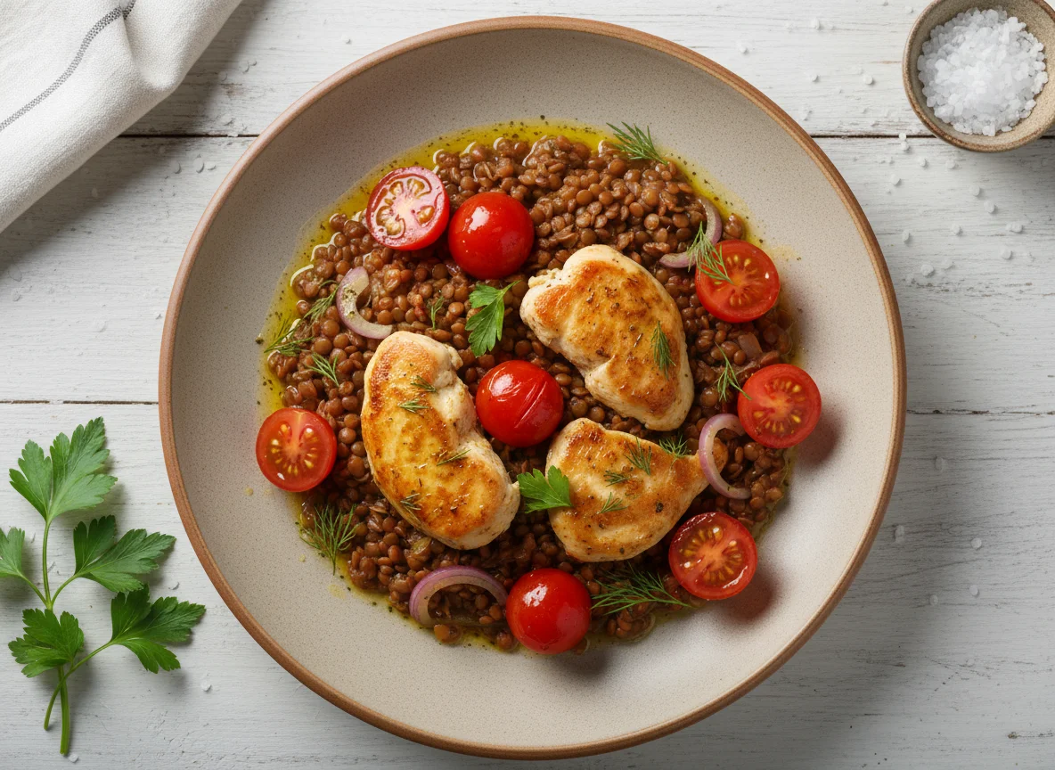 Курица с чечевицей и овощами photo