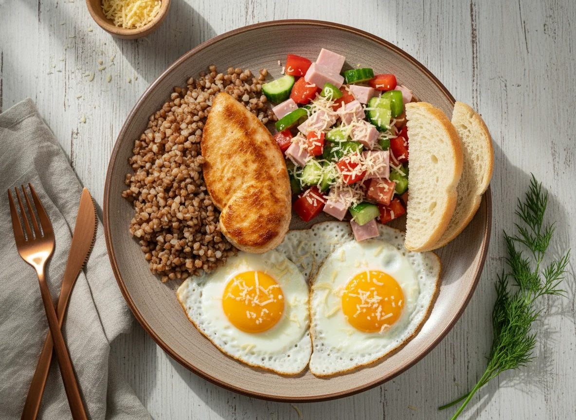 Курица с гречкой, яичницей, салатом и хлебом photo