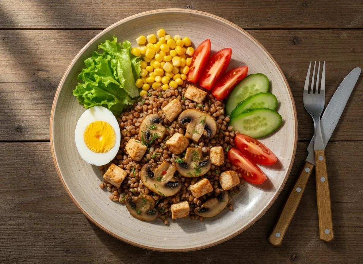 Курица с гречкой, грибами, яйцом и овощами photo