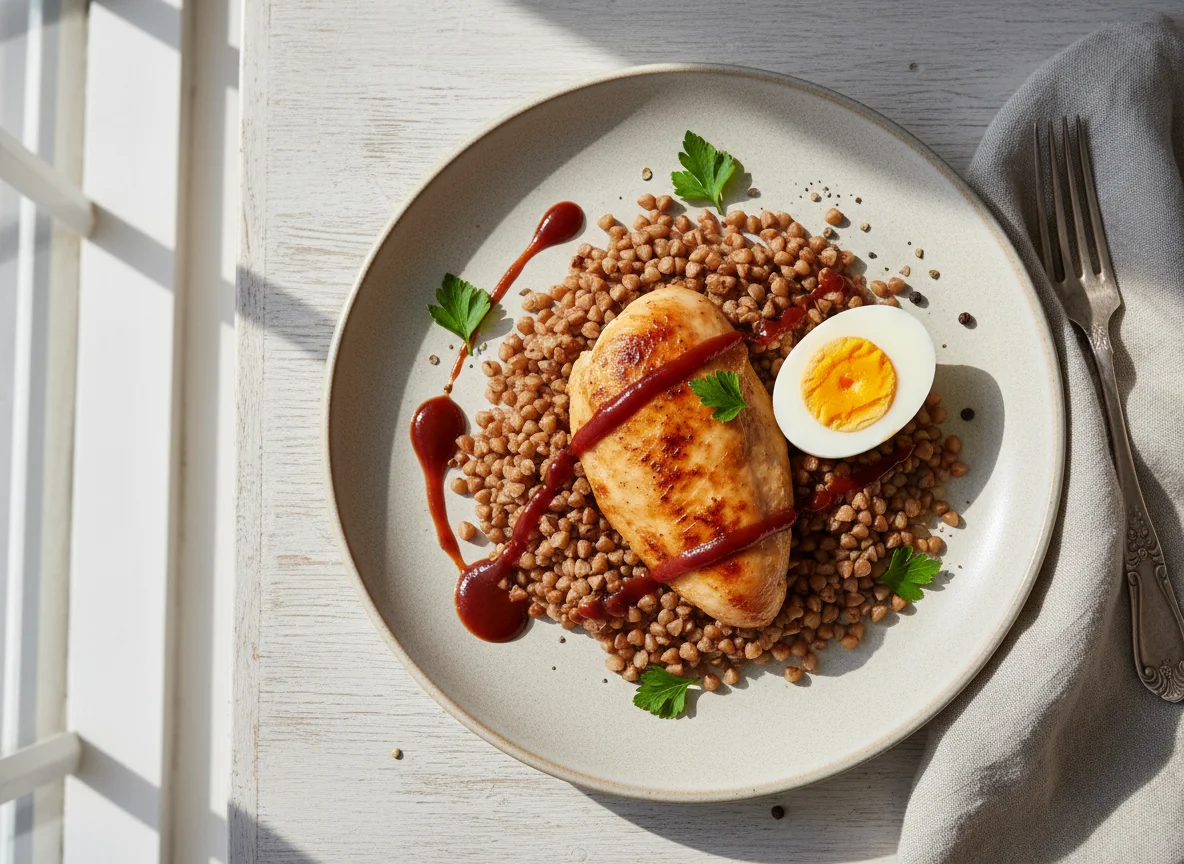 Курица с гречкой и яйцом photo