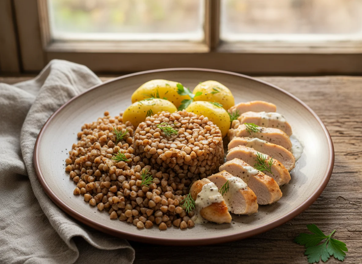 Курица с гречкой и картофелем photo