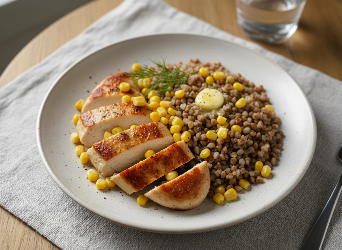 Курица с гречкой и кукурузой photo