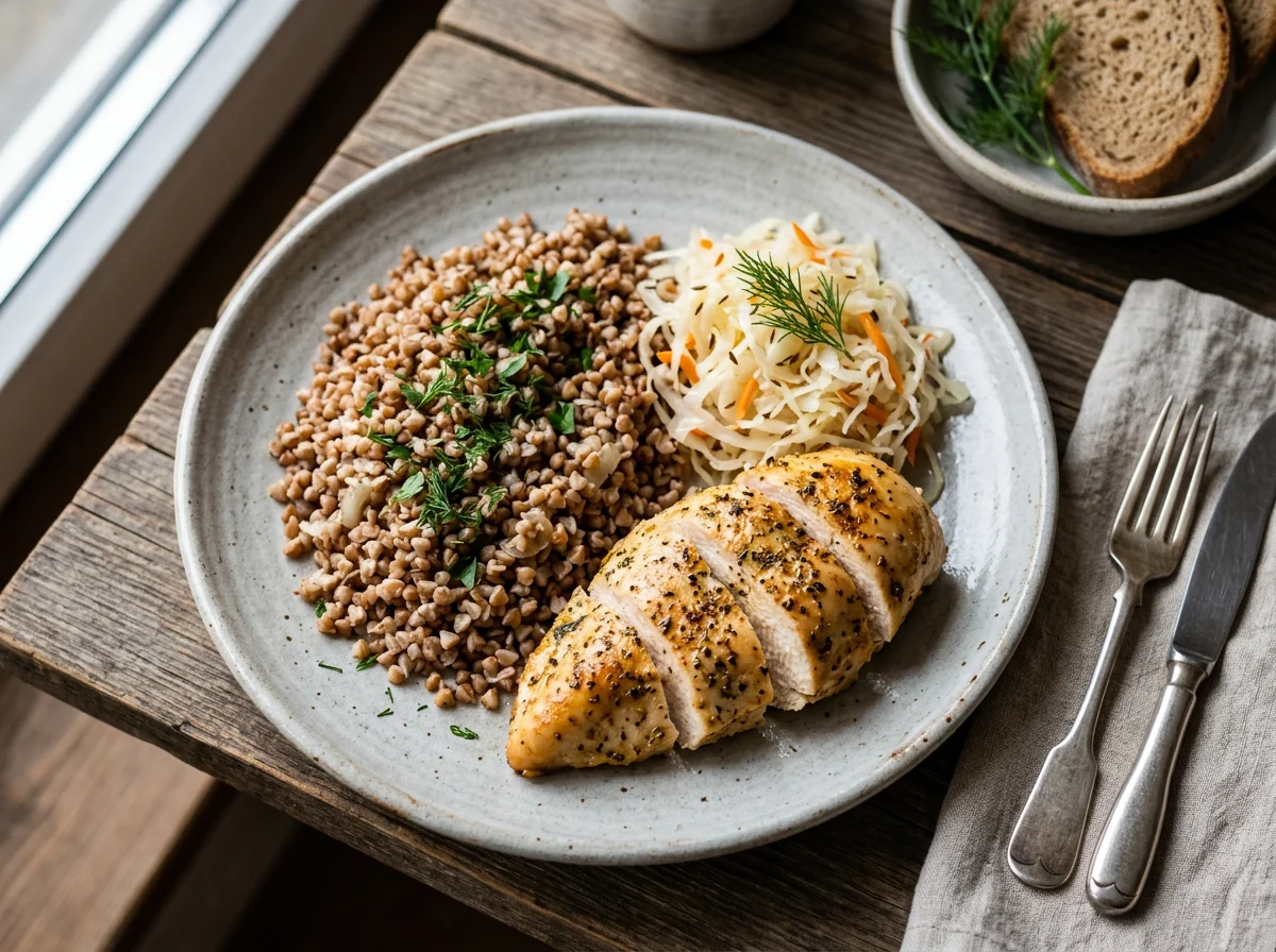 Курица с гречкой и квашеной капустой photo
