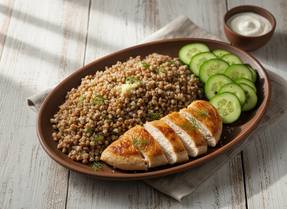 Курица с гречкой и огурцами photo