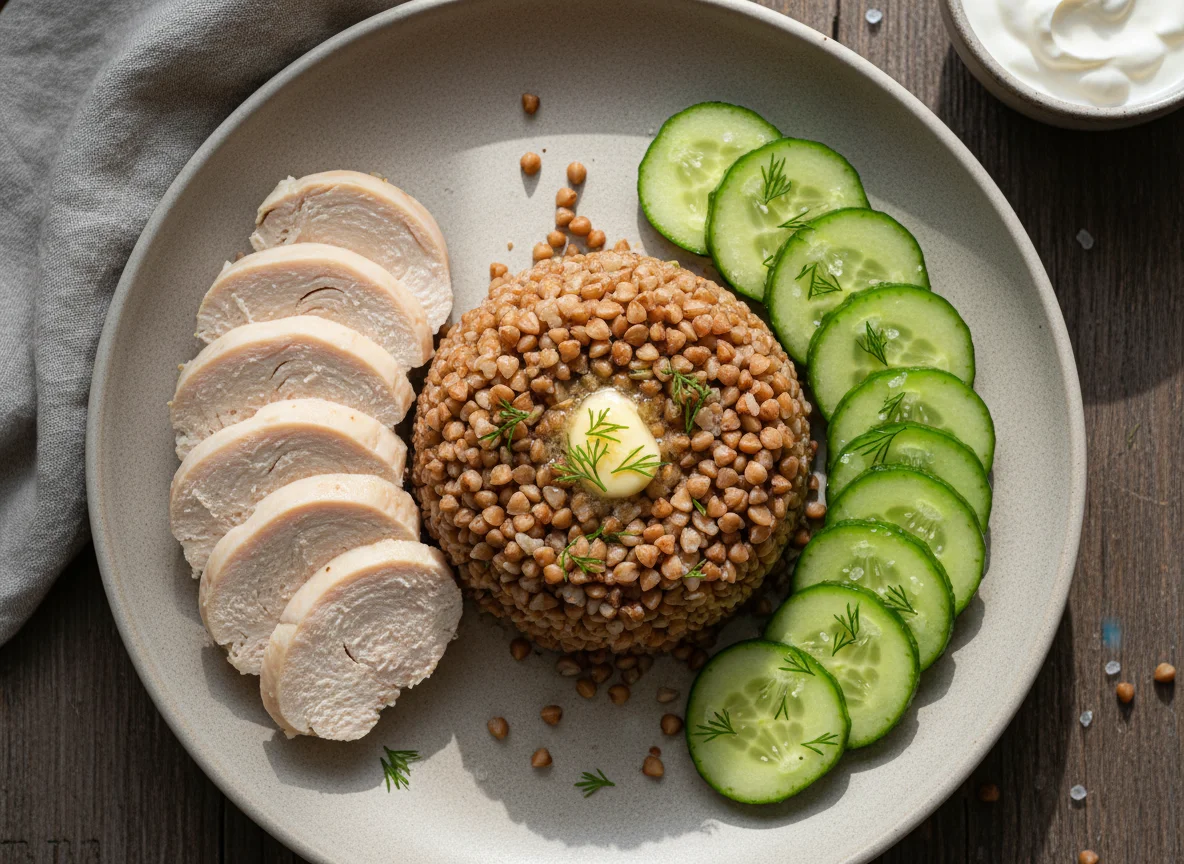 Курица с гречкой и огурцом photo
