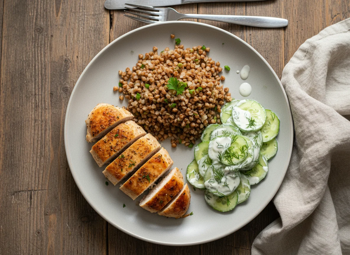 Курица с гречкой и огуречным салатом photo