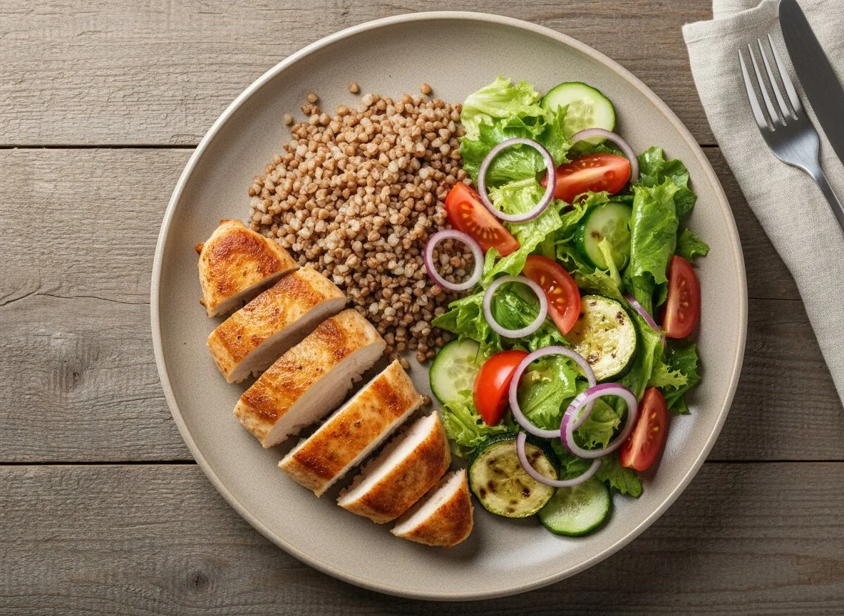 Курица с гречкой и овощным салатом photo