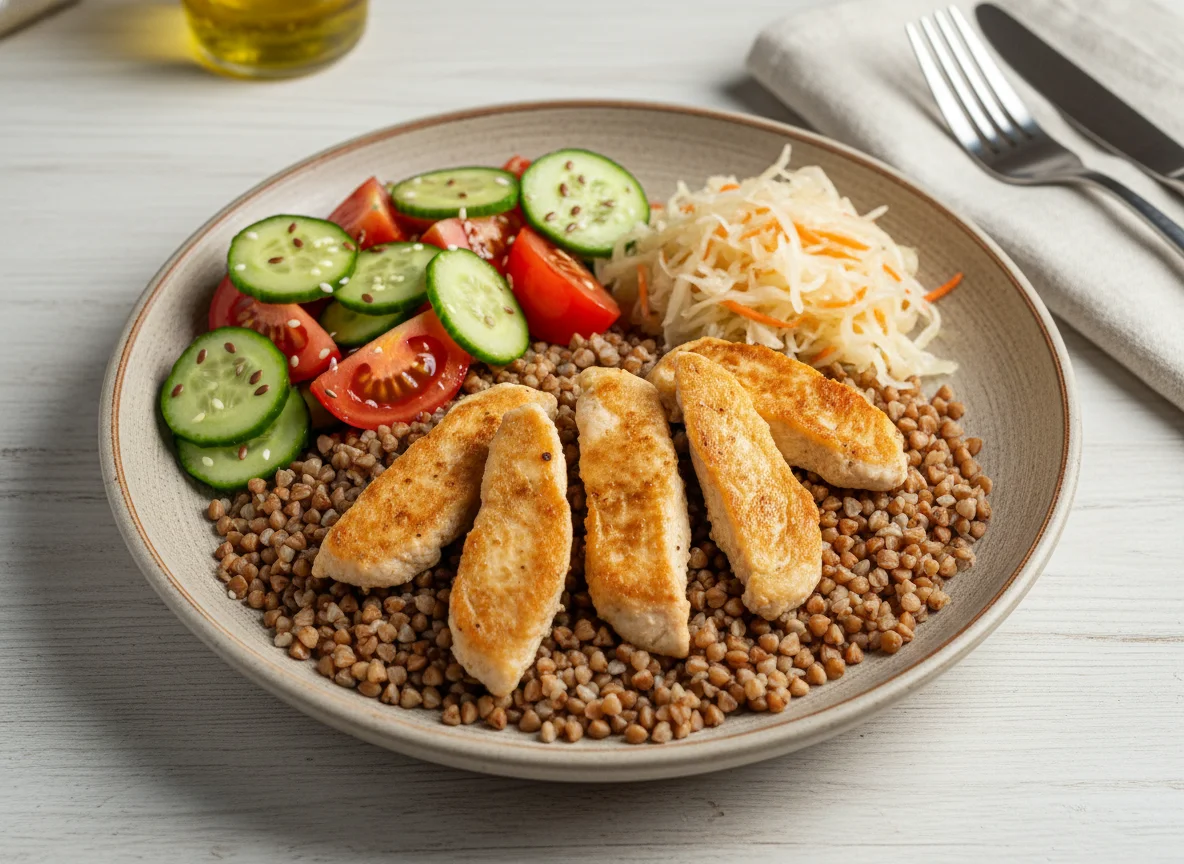 Курица с гречкой и салатами photo