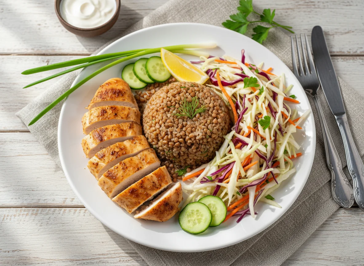 Курица с гречкой и салатом photo