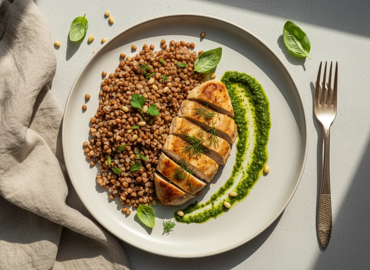 Курица с гречкой и соусом photo