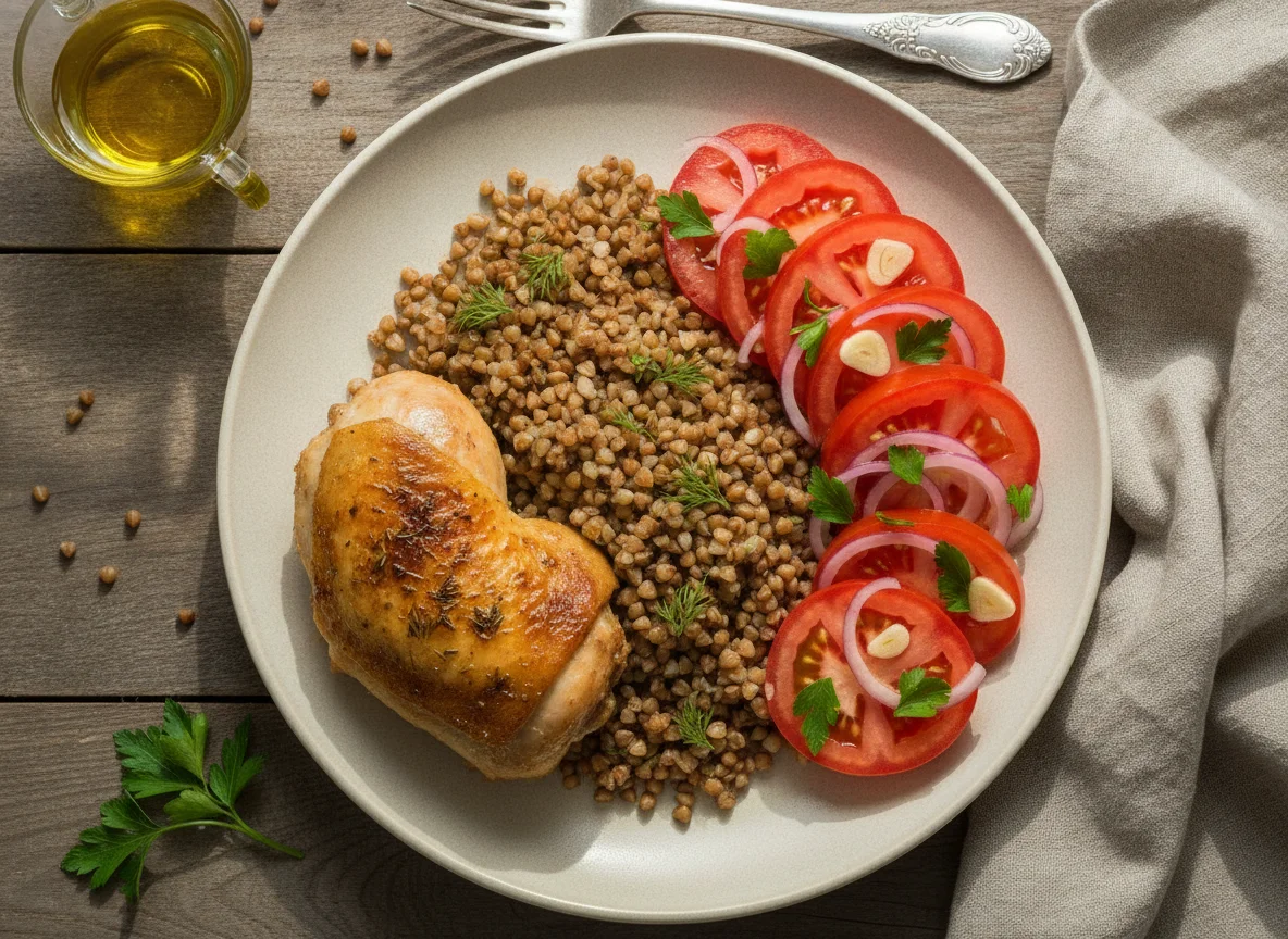 Курица с гречкой и томатным салатом photo