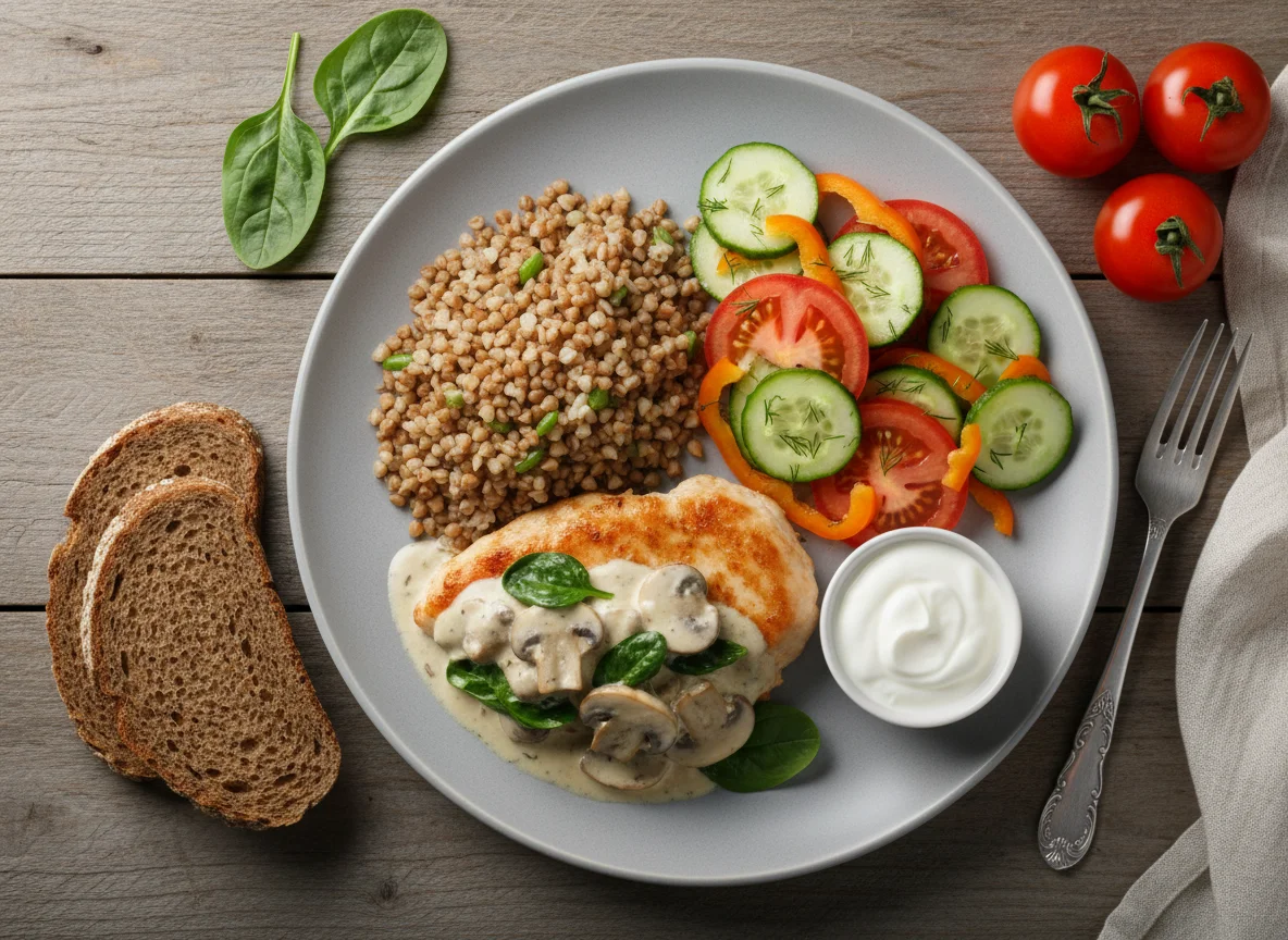 Курица с гречкой, овощным салатом и греческим йогуртом photo