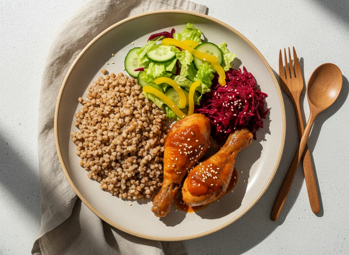 Курица с гречкой, свеклой и овощами photo