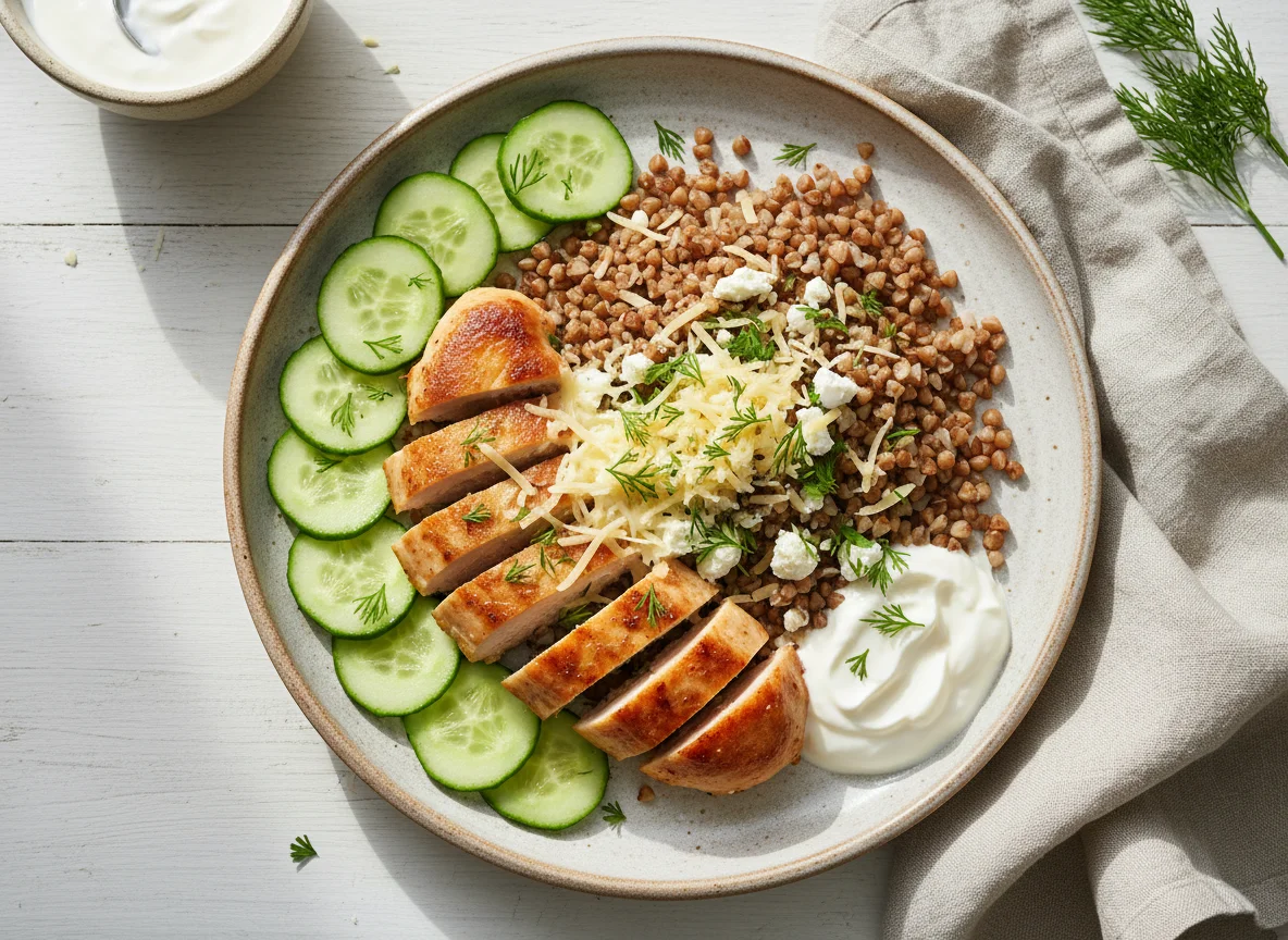 Курица с гречкой, сыром, зеленью и огурцами photo