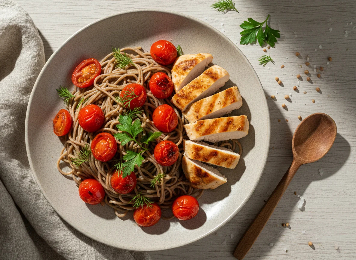 Курица с гречневой лапшой и помидорами photo