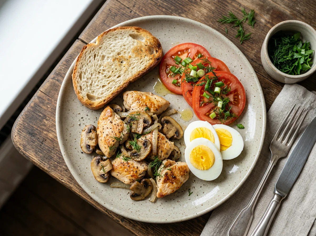 Курица с грибами, яйцами, помидорами и хлебом photo