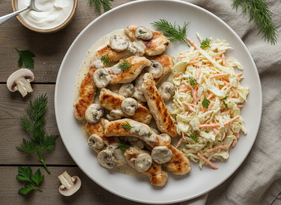 Курица с грибами и капустным салатом photo