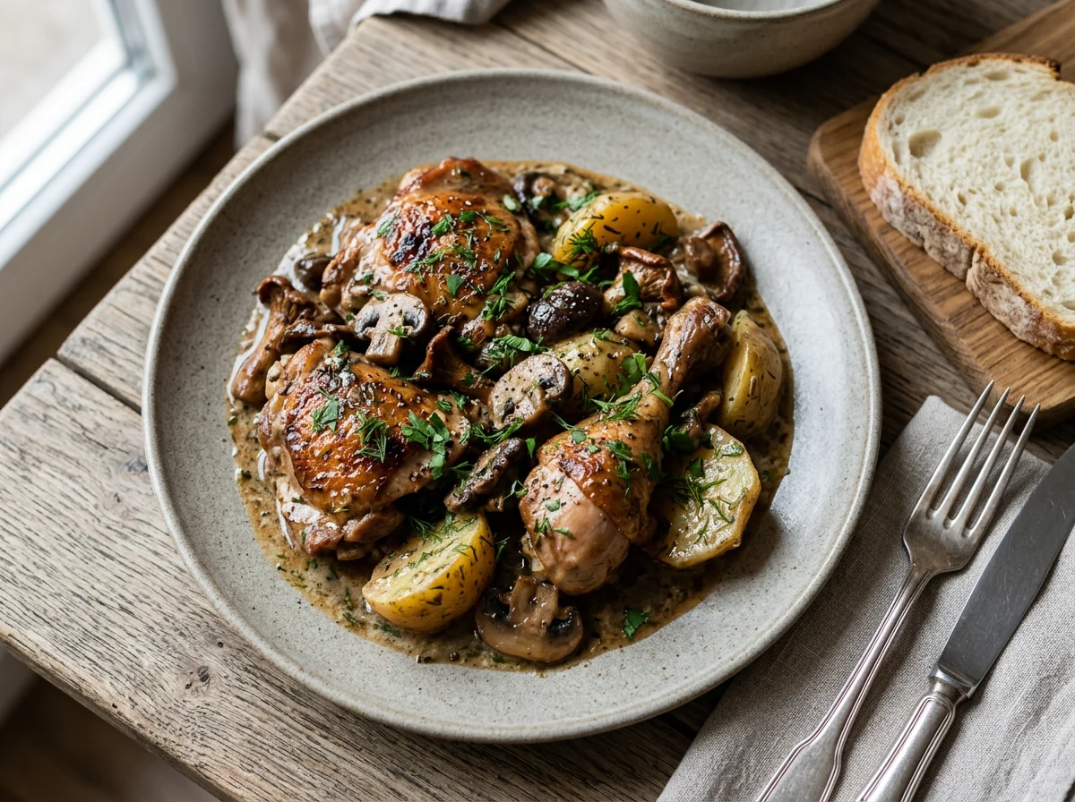 Курица с грибами и картофелем photo