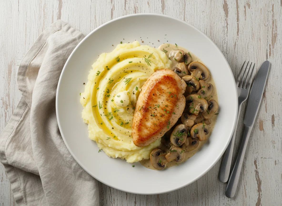 Курица с грибами и картофельным пюре photo