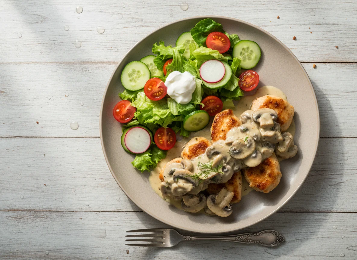 Курица с грибами и овощным салатом photo