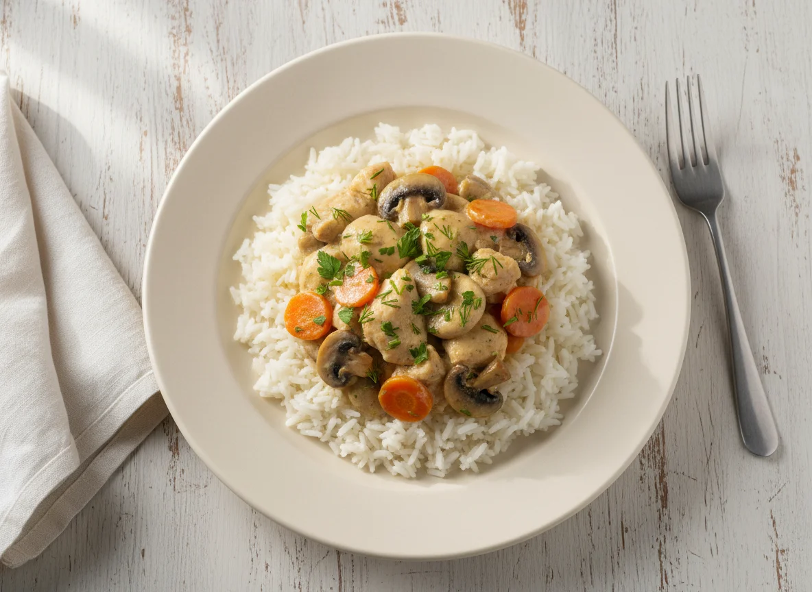 Курица с грибами и рисом photo