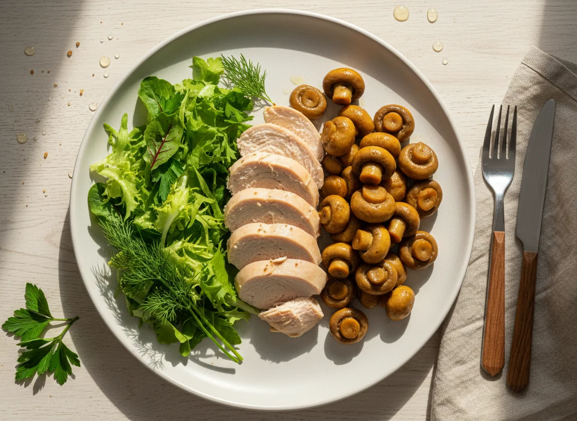 Курица с грибами и салатом photo