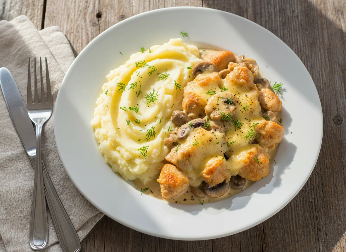 Курица с грибами и сыром с картофельным пюре photo