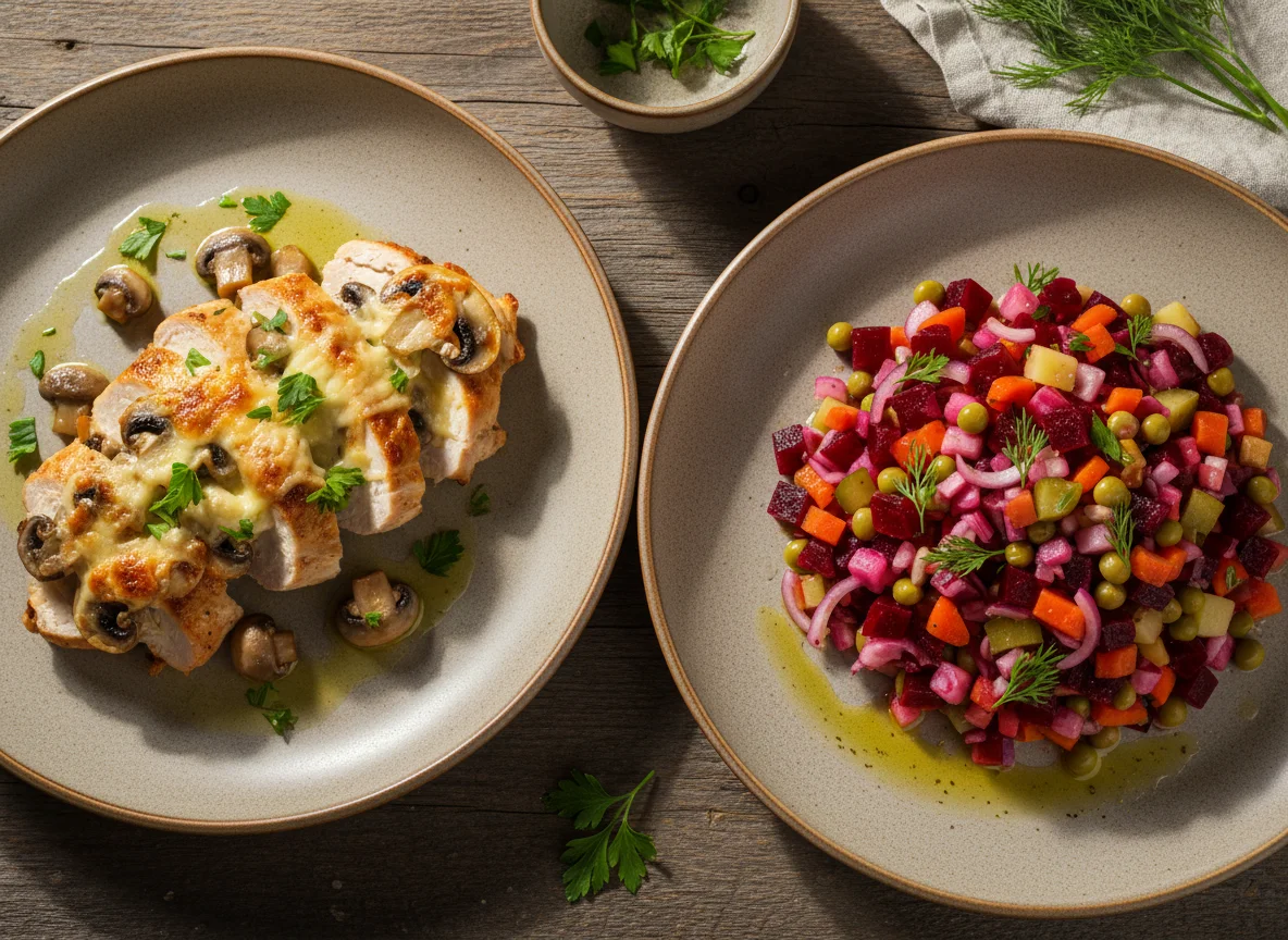 Курица с грибами и винегрет photo