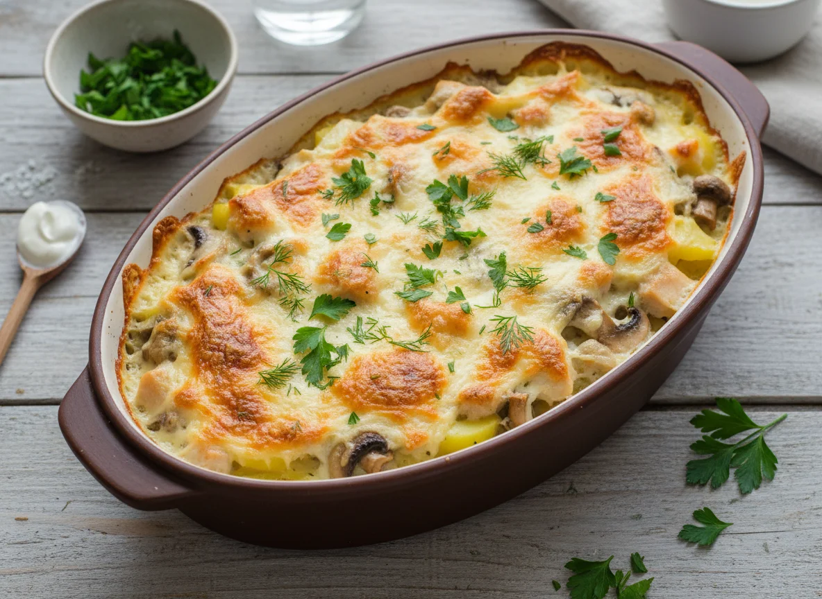 Курица с грибами под сыром и картофелем photo