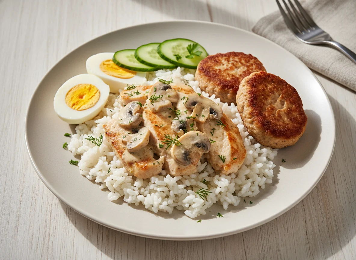 Курица с грибами, рисом и котлетами photo