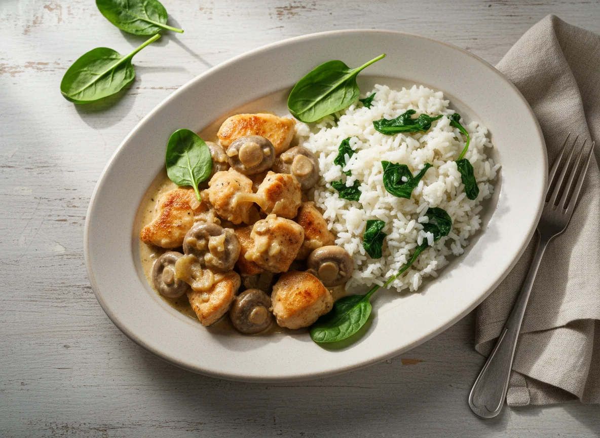 Курица с грибами, шпинатом и рисом photo