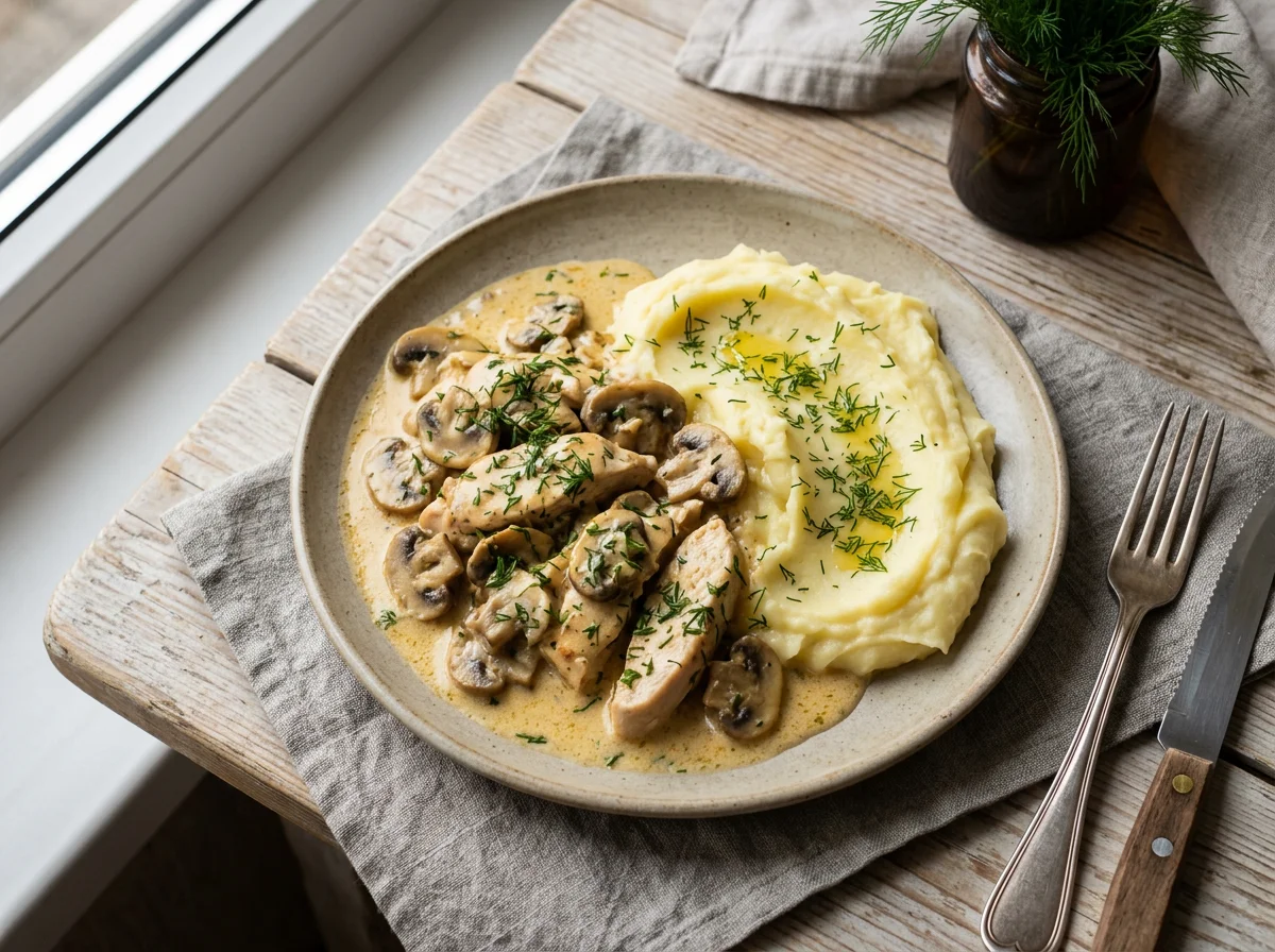 Курица с грибами в сливочном соусе и картофельное пюре photo