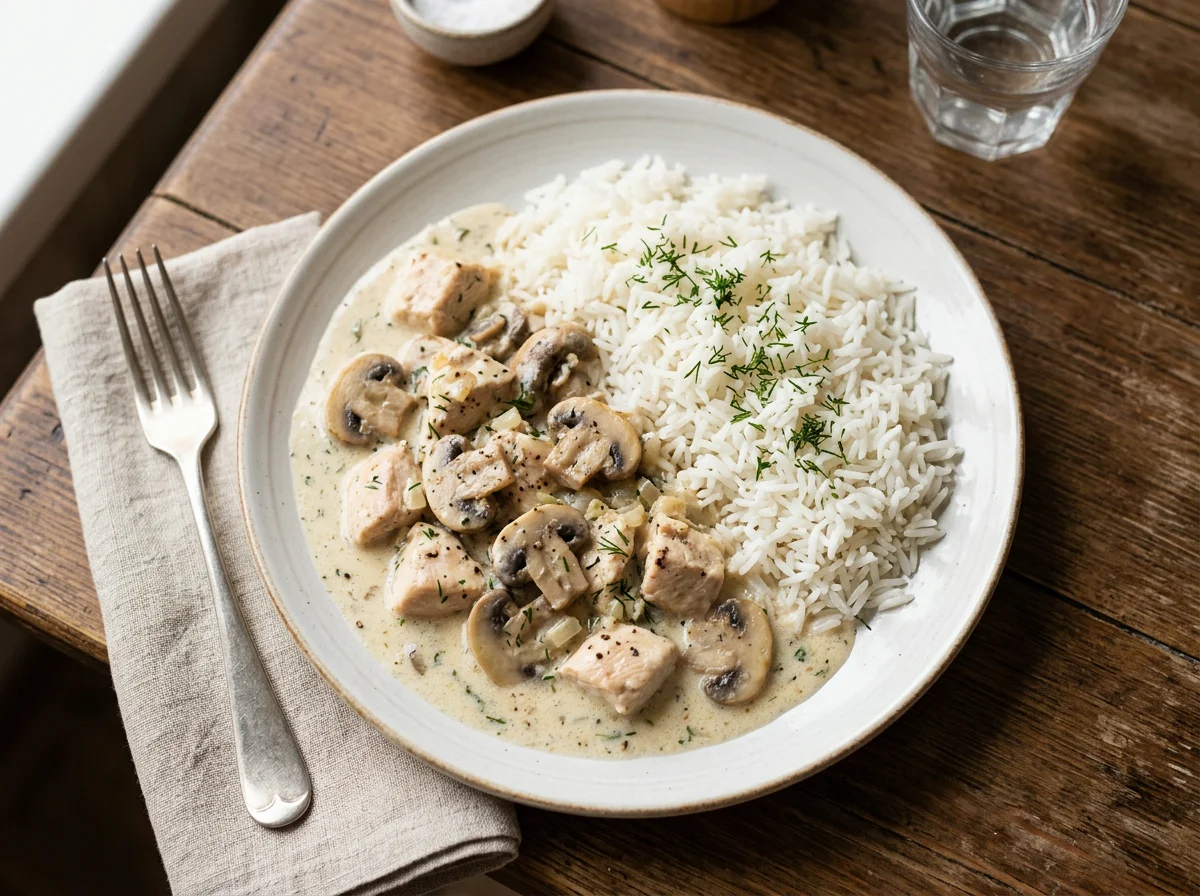 Курица с грибами в сливочном соусе и рисом photo