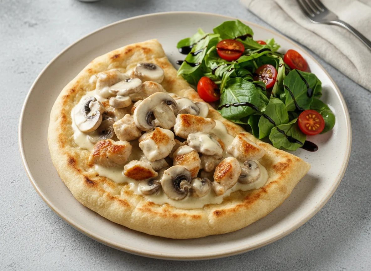 Курица с грибами в сливочном соусе на лепешке с гарниром photo