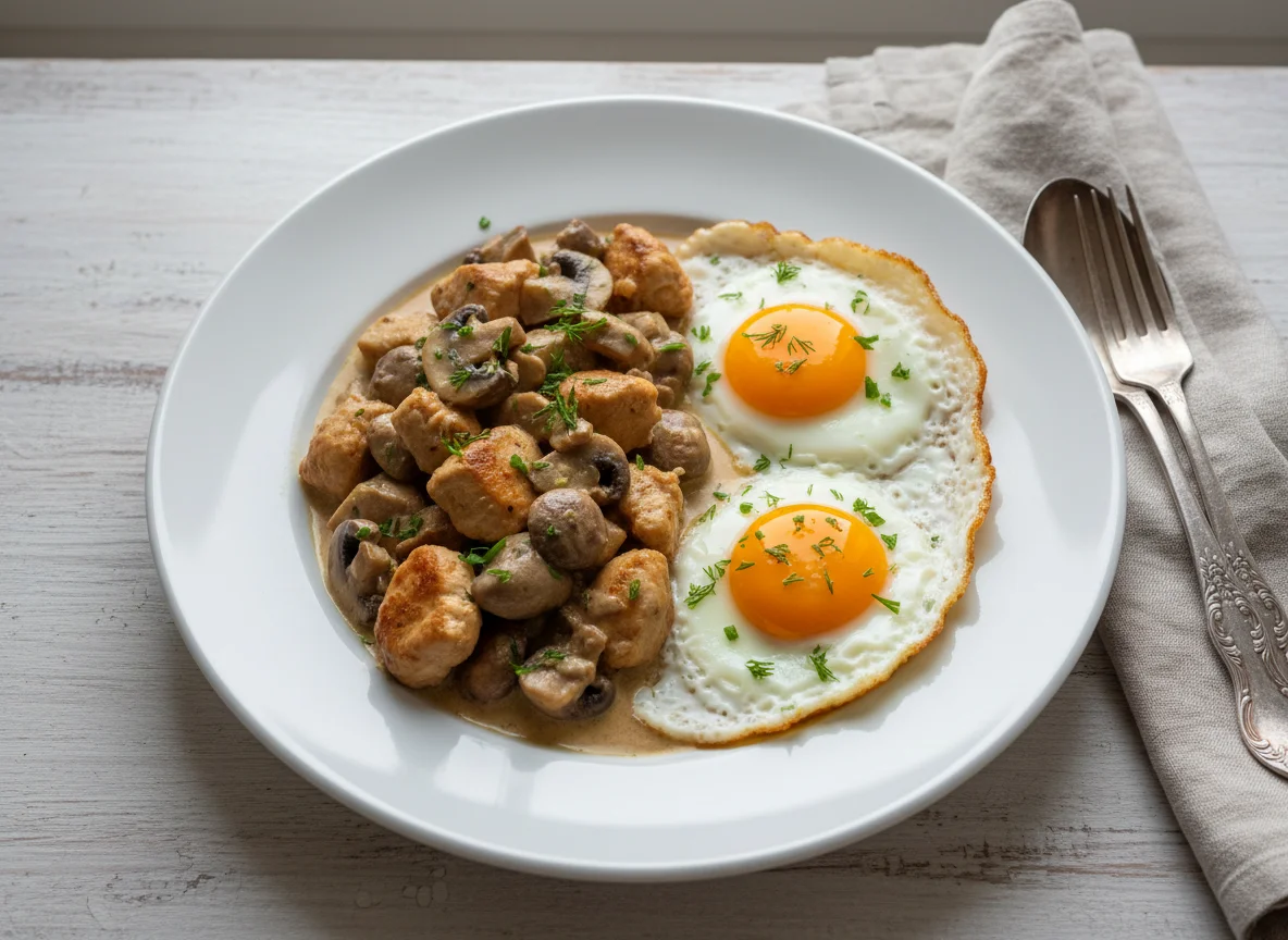 Курица с грибами в соусе и яичница photo