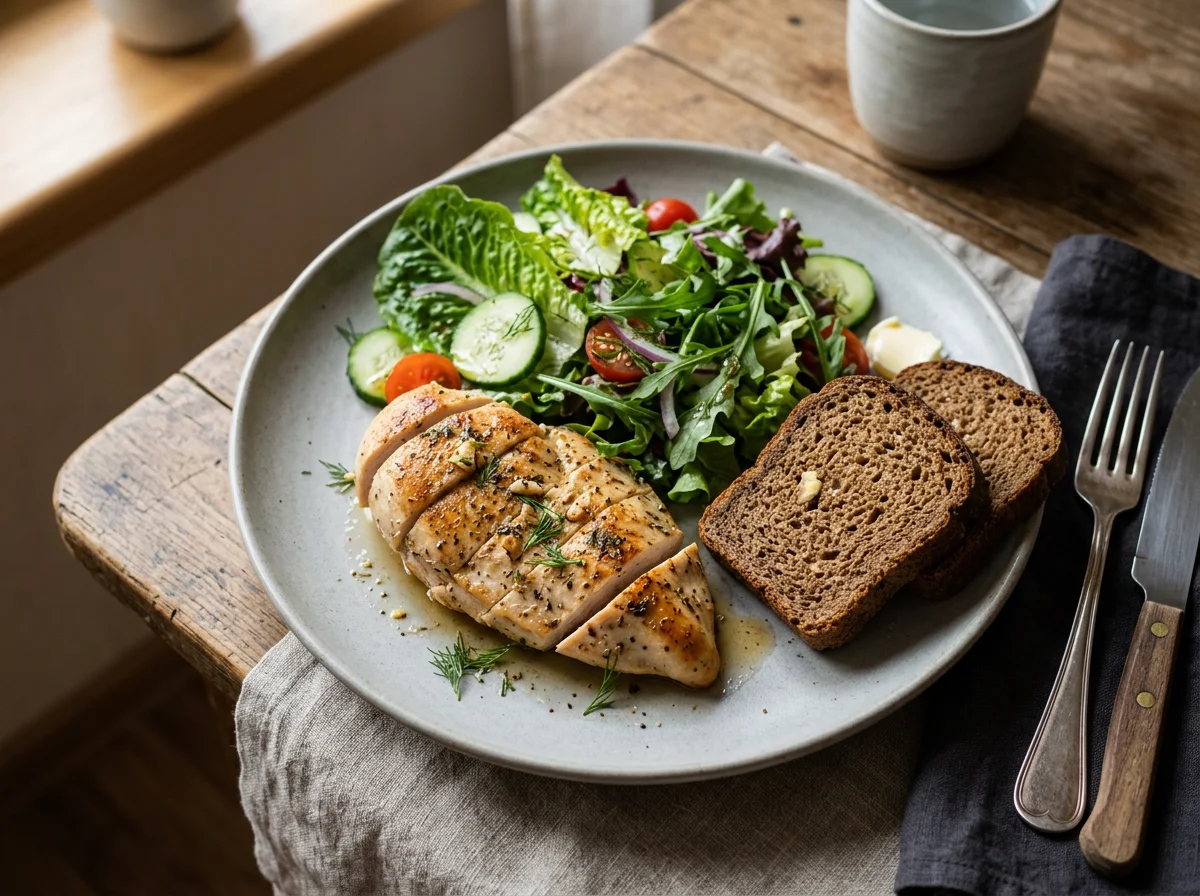 Курица с хлебом и салатом photo