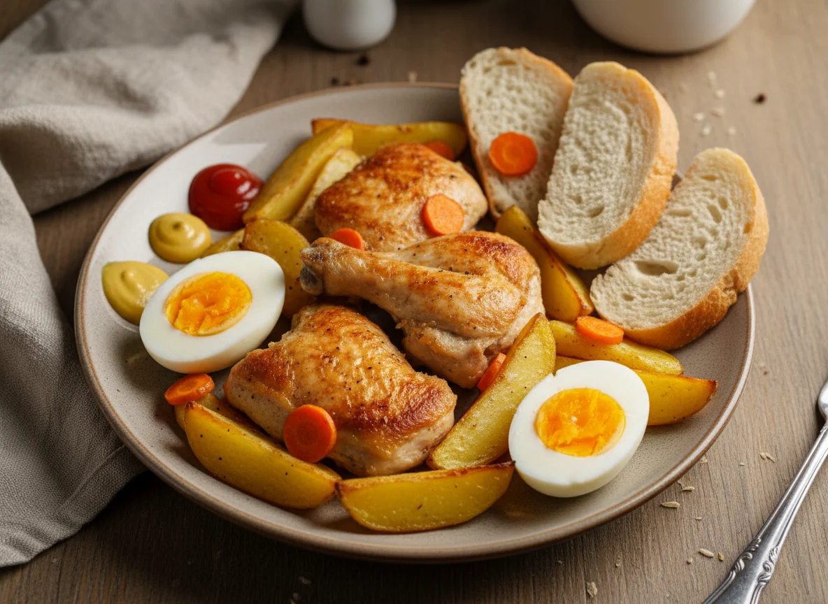 Курица с картофелем, яйцами и хлебом photo