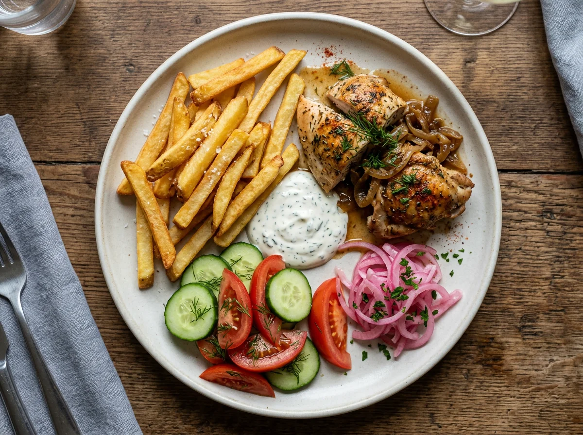 Курица с картофелем фри и овощами photo