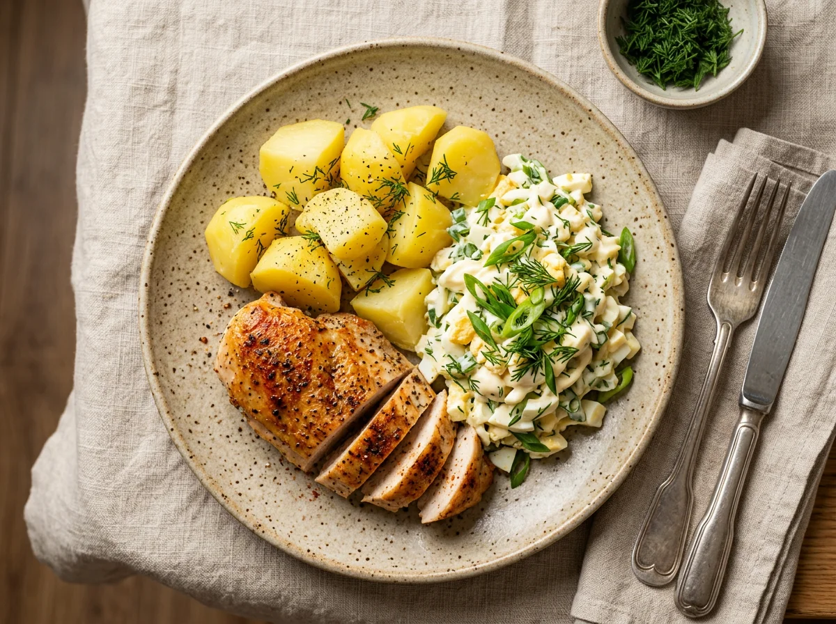 Курица с картофелем и яичным салатом photo